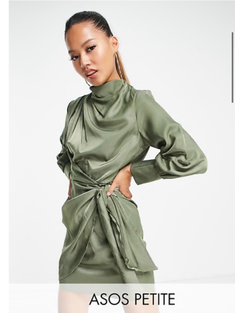 ASOS Petite Olive Satin High-Neck Tie-Waist Mini Dress